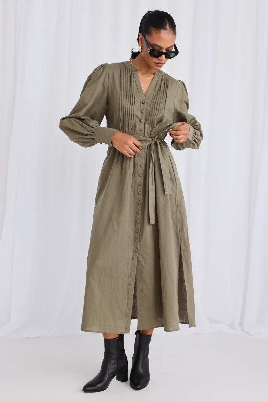 Unleash Your Fashion Guardian Soft Khaki Puff Sleeve Pintuck Midi Shirt Dress