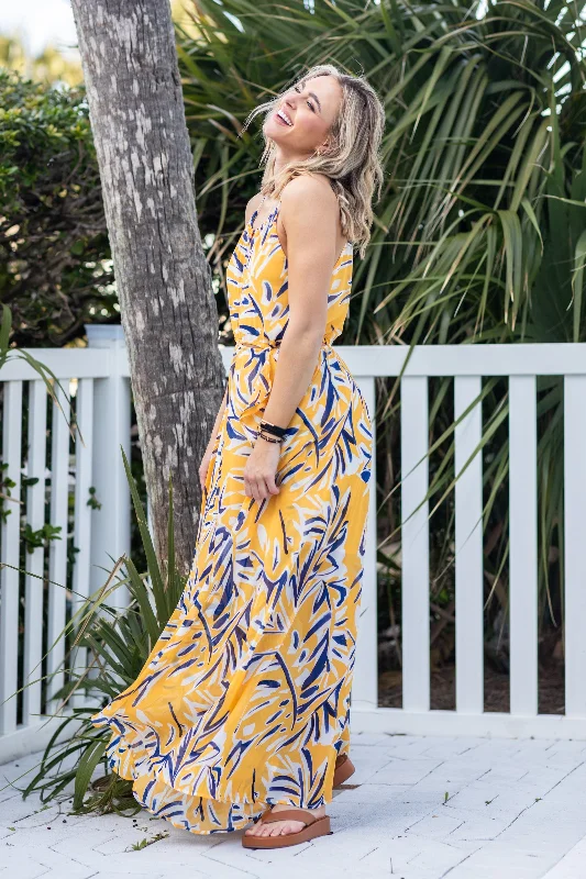 Stylish Statements Yellow Printed Maxi Halter Dress With Slit