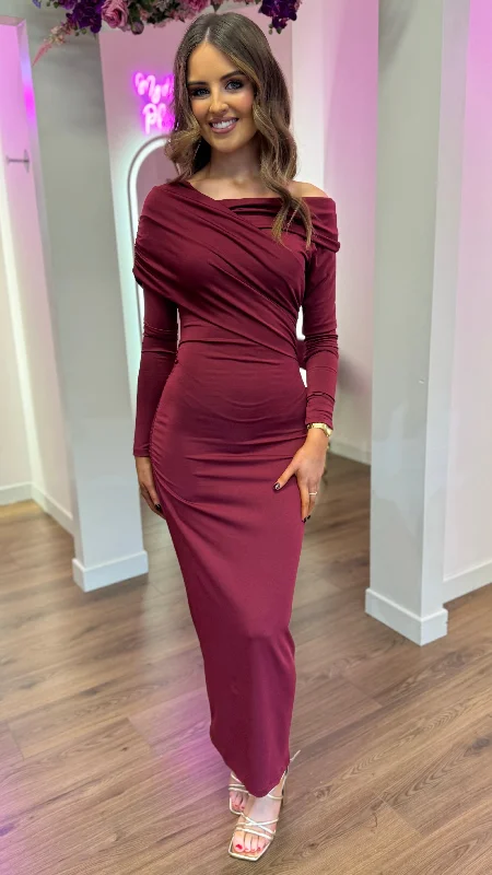 Women's Comfortable Lounge Outfit Sheridan Burgundy Off Shoulder Wrap Effect Midi Dress