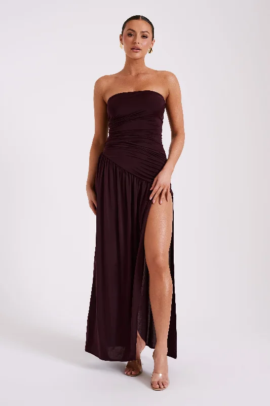 Women's Clothes And Apparel Bex Strapless Slinky Maxi Dress With Split - Burgundy