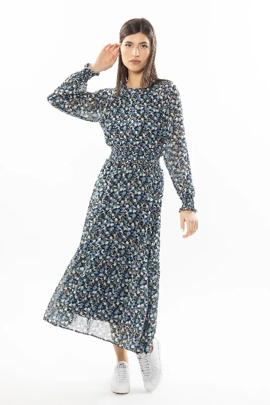 Women's Floral Print Outfit Harmony Navy Multi Floral LS Shirred Waist Midi Dress