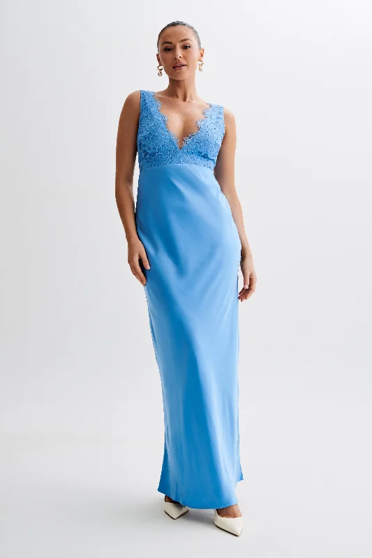 Stylish Women's Outfit Ricci Satin And Lace Maxi Dress - Iris Blue