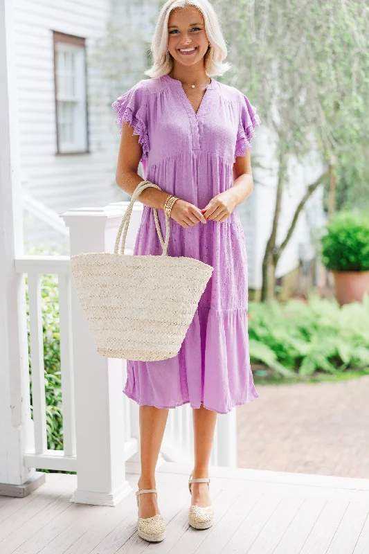 Women's Clothing Outfit Set Feeling The Joy Lavender Purple Eyelet Midi Dress