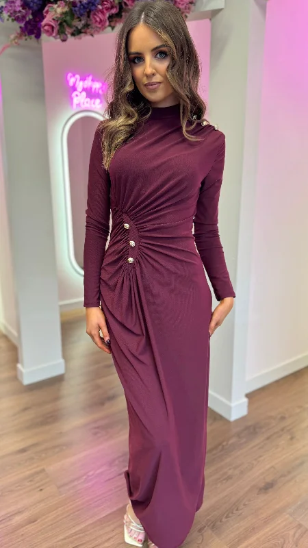 Women's Trendy Attire Ariana Burgundy Button Detail Ruched High Neck Midi Dress