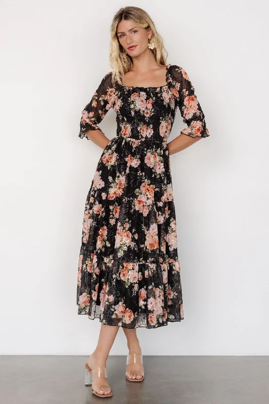 Women's Plus-Size Casual Outfit Fabian Jacquard Midi Dress | Peach + Black Floral