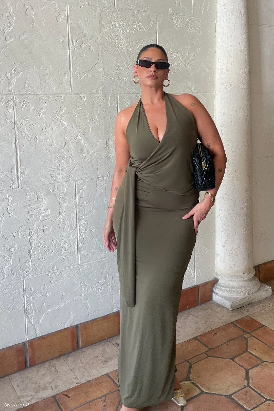 Women's Activewear Apparel Tyla Draped Slinky Halter Maxi Dress - Dark Olive