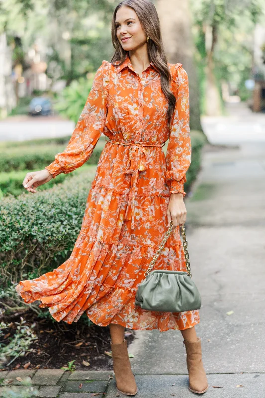 Women's Date Night Outfit Found The One Rust Orange Floral Midi Dress