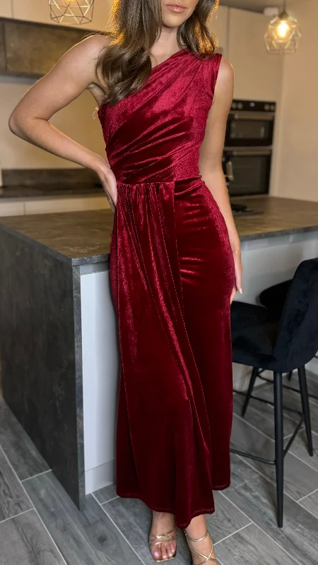 Women's Romantic Outfit Isabella Dark Red One Shoulder Velvet Finish Midi Dress