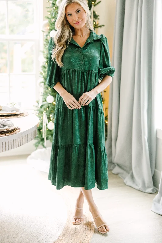 Women's Travel Outfit Set All The Love Emerald Green Floral Satin Midi Dress