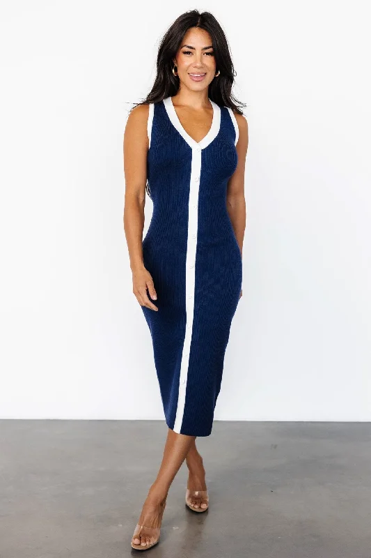 Women's Work Outfit For The Office Coley Ribbed Button Dress | Navy + Off White