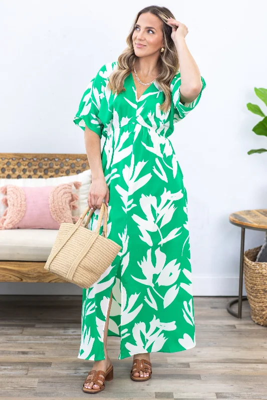 Women's Comfy Loungewear Outfit Kelly Green Print V-Neck Maxi Dress