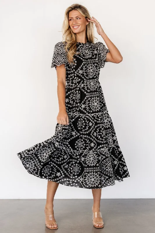 Women's Formal Event Attire Mirabel Eyelet Midi Dress | Black + White