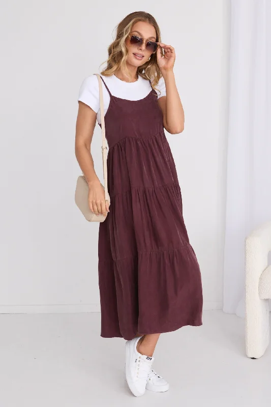 Women's Classic Outfit Eden Raisin Cupro Strappy Tiered Empire Midi Dress