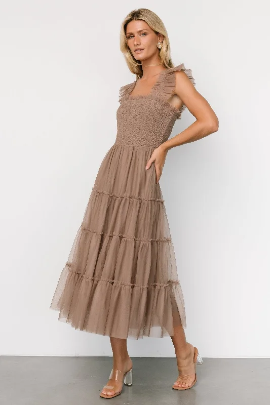 Sustainable Women's Apparel Emma Smocked Tulle Dress | Taupe