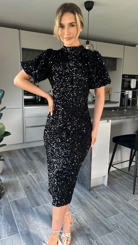 New In This Season Rachelle Black Sequin Bow Back Detail Midi Dress