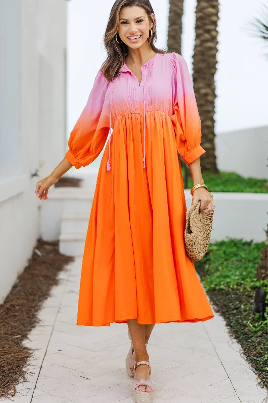 Women's Activewear Outfit Fate: Living The Life Pink Orange Ombre Midi Dress