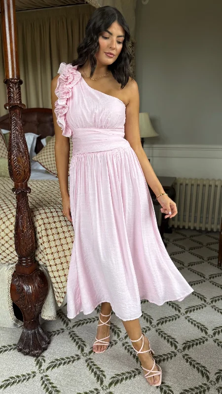 Low Price Special Francesca Baby Pink One Shoulder Ruffle Maxi Dress