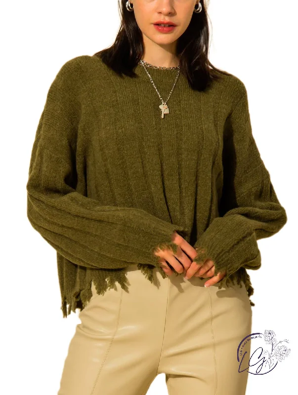 Popular Collection Kind hearted rib-knit frayed hem sweater.