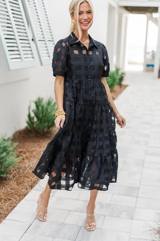 Affordable Women's Attire So Worth It Black Textured Button Down Midi Dress