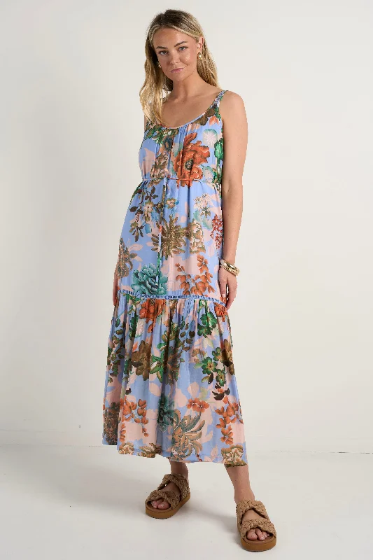 Affordable Women's Outfit Estela Blue Floral Strappy Floaty Maxi Dress