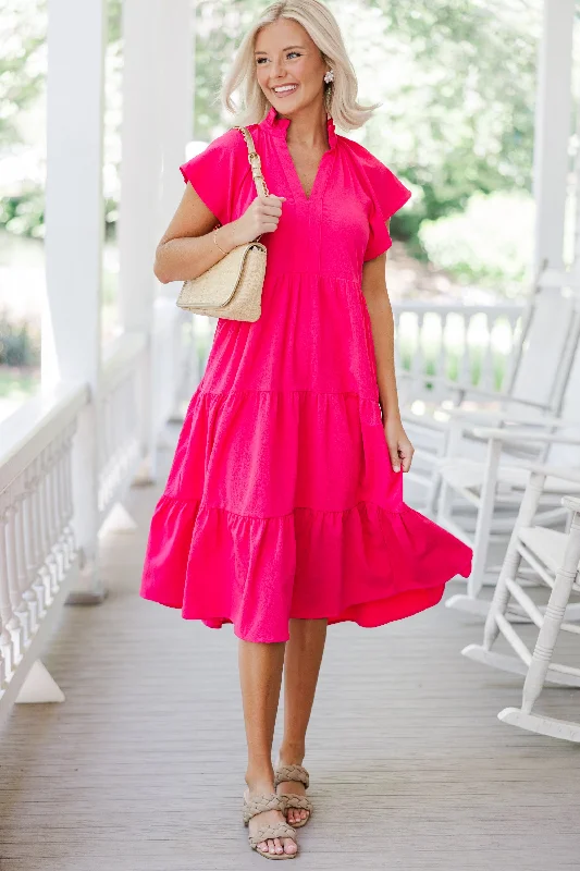 Seasonal Clearance Fully Invested Fuchsia Pink Midi Dress