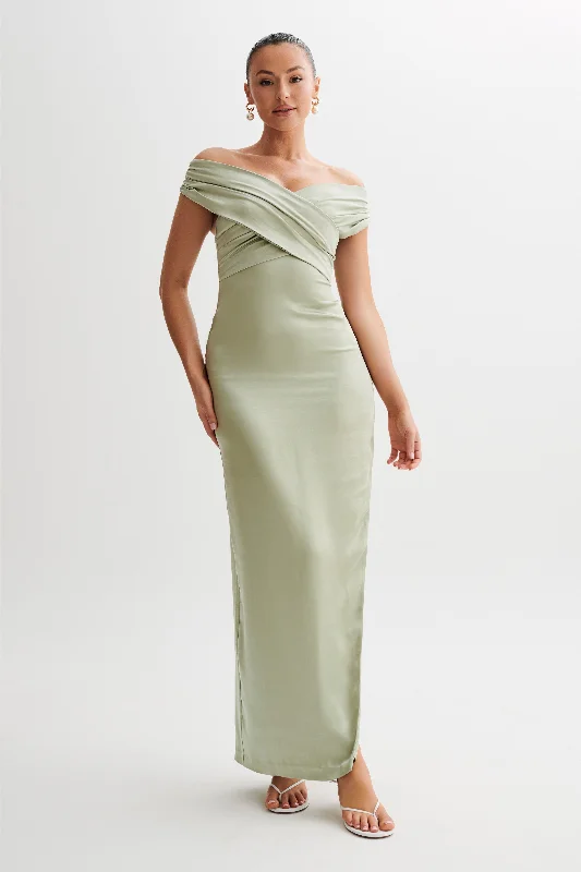 Chic Women's Garments Harley Off Shoulder Satin Maxi Dress - Sage