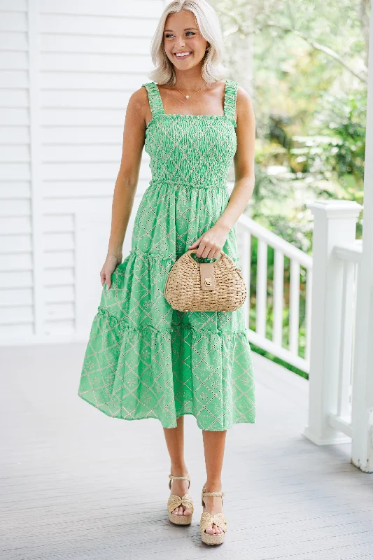 Forward Trendsetter Here To Stay Green Eyelet Midi Dress