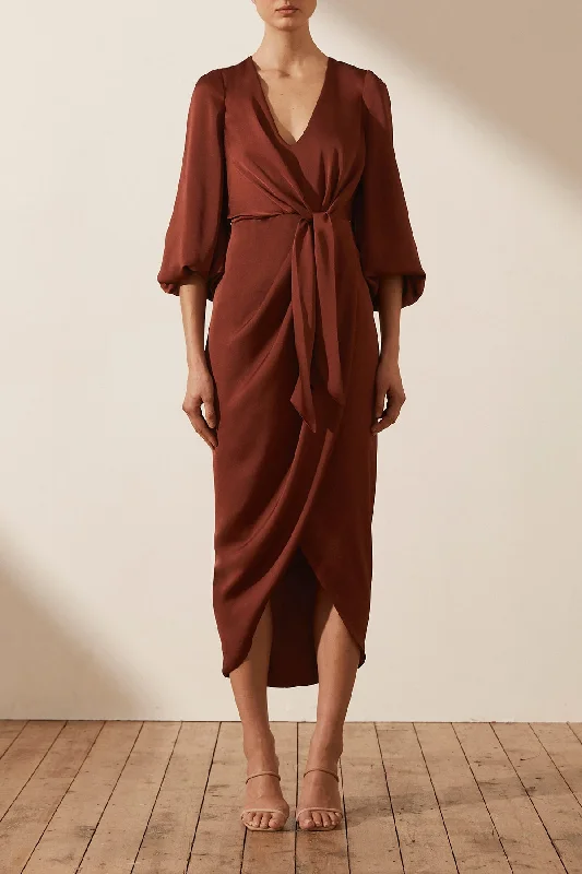 Classic Modern Offers LUXE TIE FRONT BALLOON SLEEVE MIDI DRESS - SANGRIA