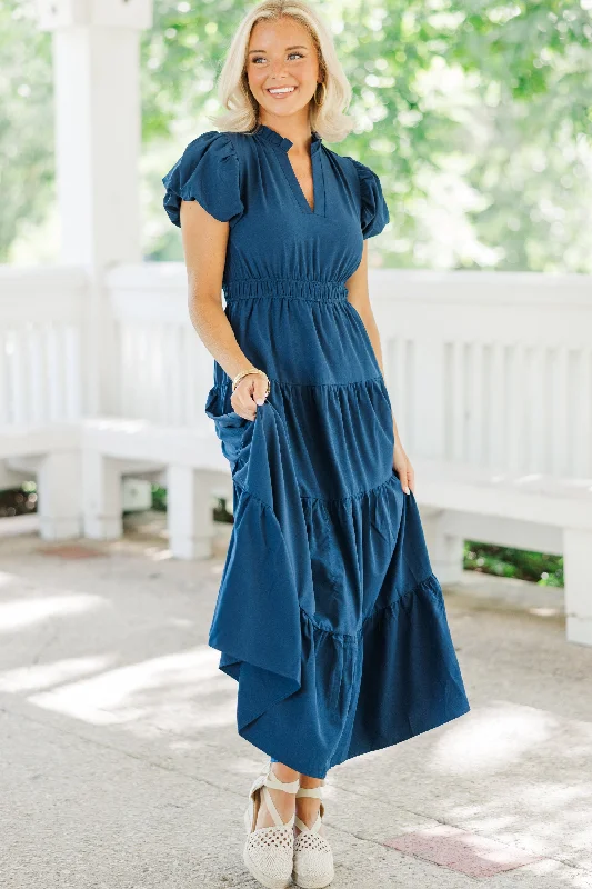 Women's Transitional Garments Coming Back For You Navy Blue Tiered Midi Dress