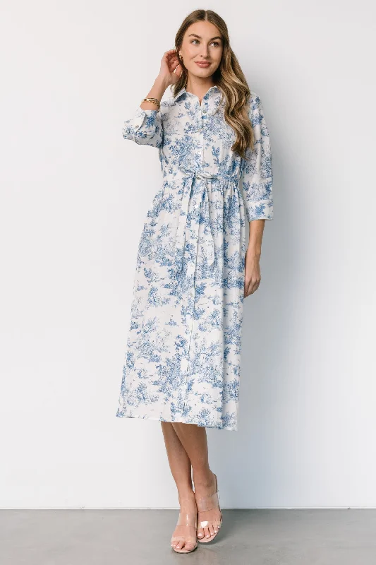 Women's Garments Chantelle Button Midi Dress | Off White + Blue Print