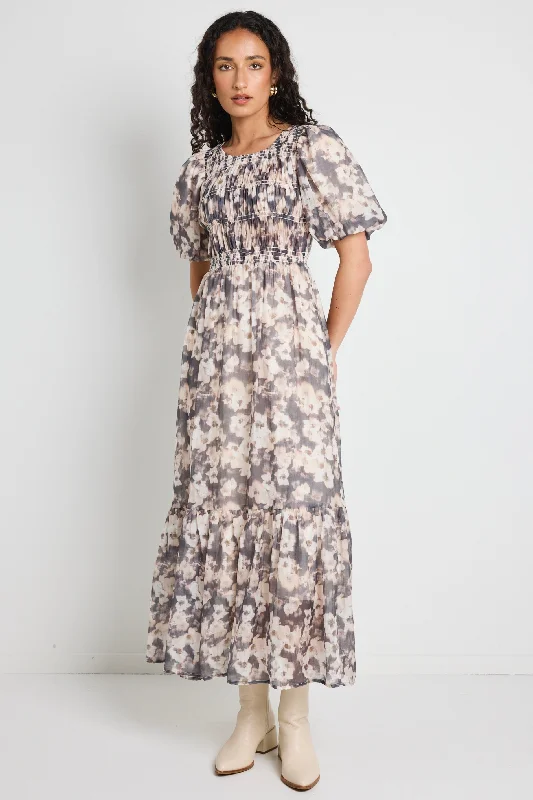 The Latest Fashion Trends Vacancy Chocolate Floral Puff Sleeve Shirred Maxi Dress