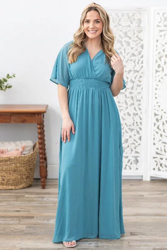 Women's Evening Attire Dusty Teal Leg Slit Maxi Dress