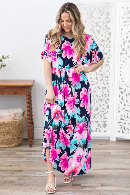 Women's Stylish Outdoor Outfit Navy Flower Print Boat Neck Maxi Dress