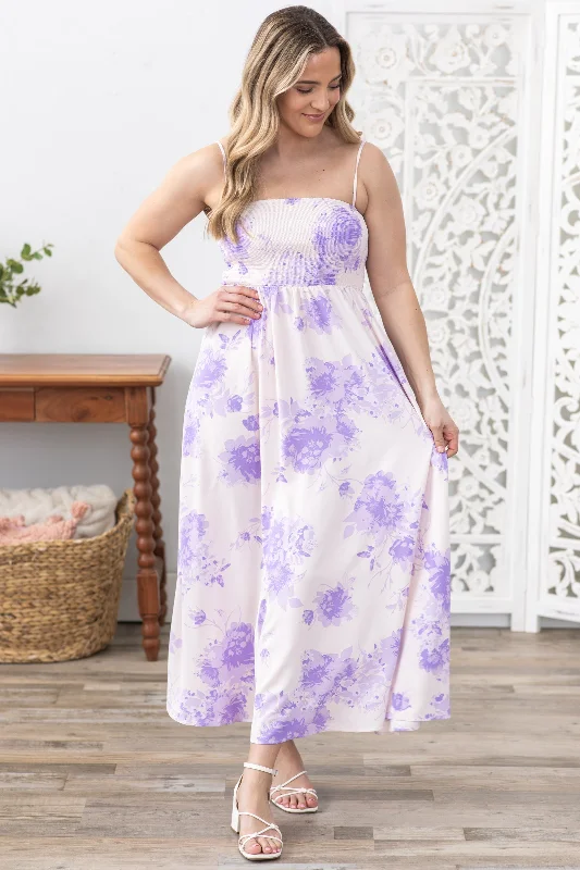 Women's Office Outfit Lavender Floral Smocked Bodice Maxi Dress