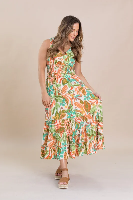 Women's Casual Outfit Sage Printed Peach Blossom Maxi Dress