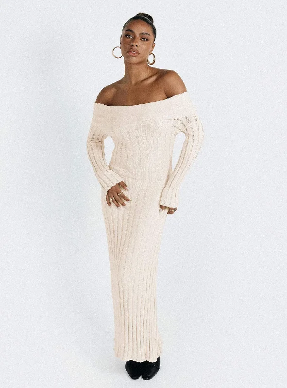 Ride The Style Wave Lefler Off The Shoulder Maxi Dress Beige