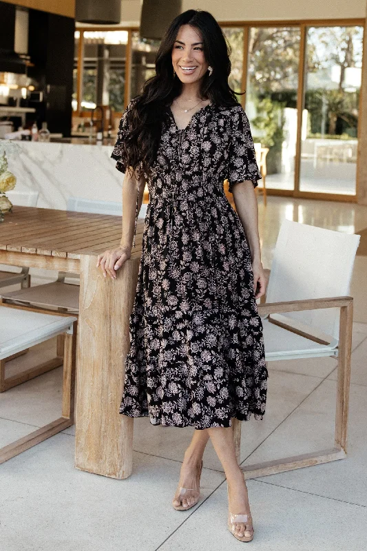 Women's Comfortable Apparel Spell Boho Midi Dress | Black + Taupe Floral