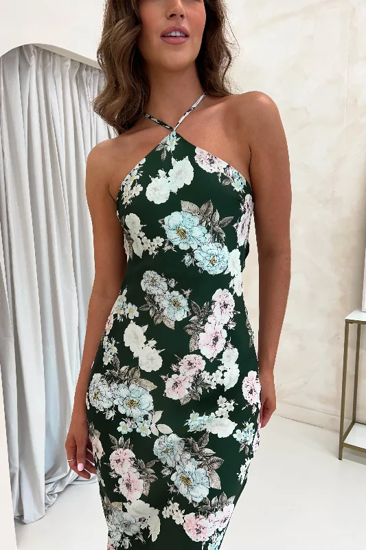 The Latest Fashion Trends Provence Halter Nect Midi Dress | Green Print