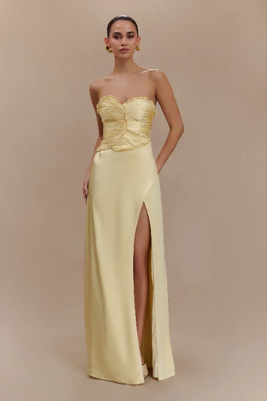 Women's Vintage Garments Larissa Satin Maxi Dress With Ruched Petals - Lemon