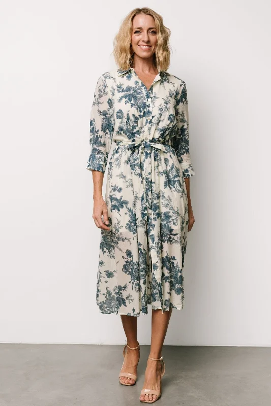 Women's Athletic Outfit Eunice Button Midi Dress | Ivory + Blue Floral