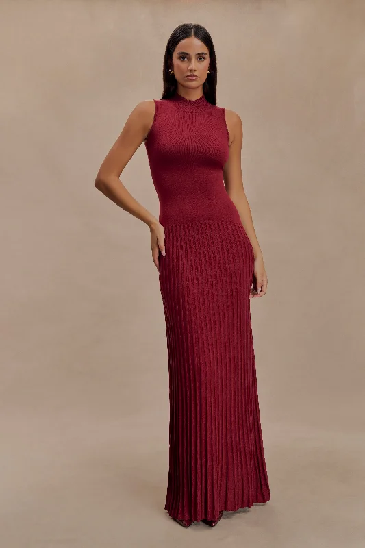 Women's Attire Mavis High Neck Pleated Maxi Dress - Mahogany