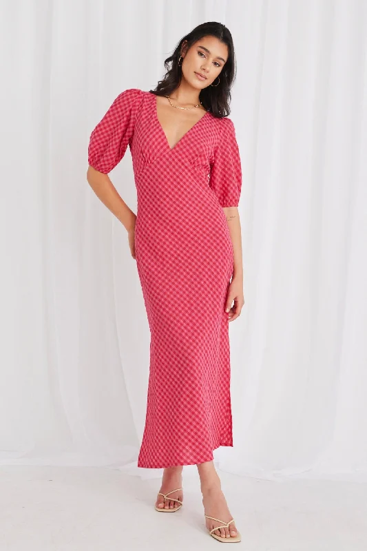 Women's Night-Out Outfit Amora Raspberry Gingham SS Bias Midi Dress