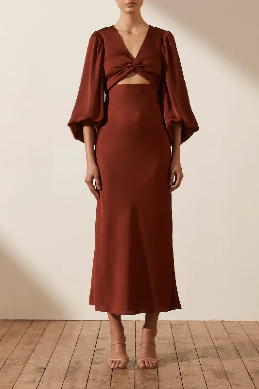 The Good Stuff LUXE TWIST FRONT BALLOON SLEEVE MIDI DRESS - SANGRIA