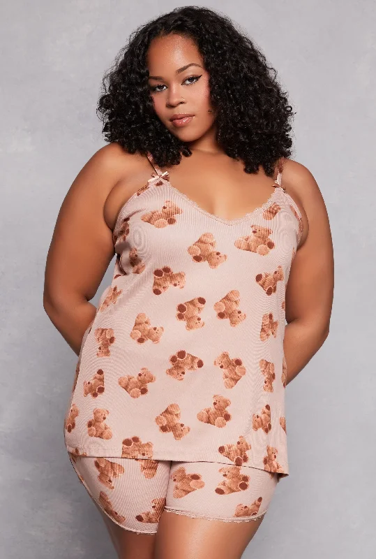 Must Haves Plus Size Teddy Bear Print Pajama Cami and Shorts