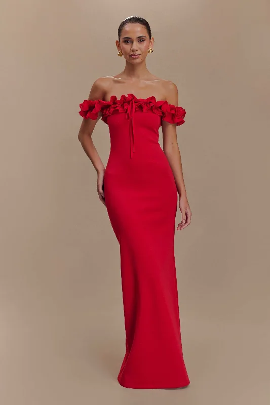 Formal Garments For Women Nova Ruffle Off Shoulder Maxi Dress - Ruby