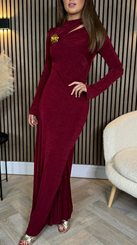 Discount Extravaganza Ayda Burgundy Split Neckline Brooch Detail Maxi Dress