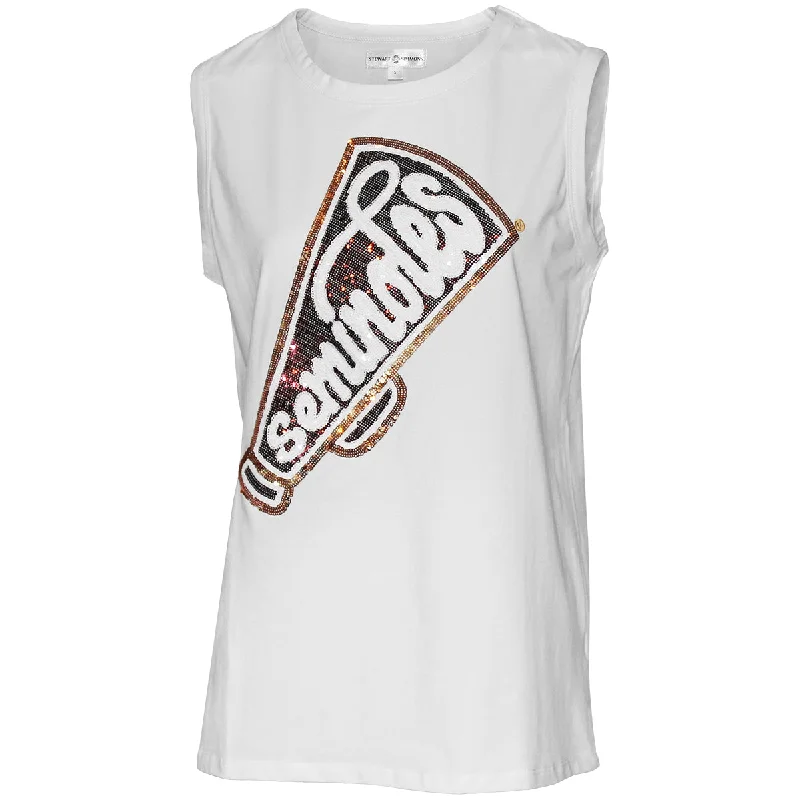 Unleash Your Trendy Side Stewart Simmons Women's Seminoles Megaphone Sequin Design Relaxed Muscle Tank - White