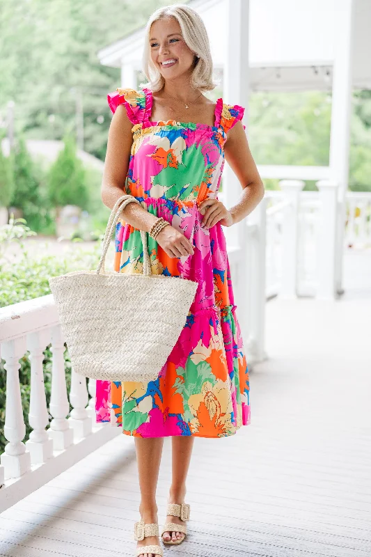 Women's Stylish Vacation Attire Tell It All Pink Floral Midi Dress