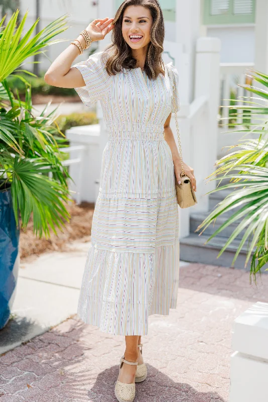 Women's Holiday Outfit Fate: Stay Where You Are Cream White Striped Midi Dress