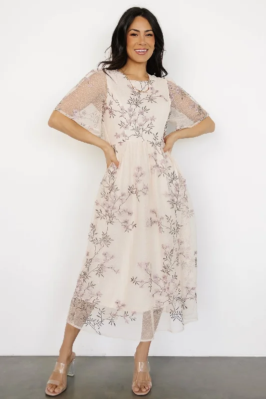 Women's Comfy Attire For Lounging Ashlee Embroidered Midi Dress | Cream + Lavender Floral